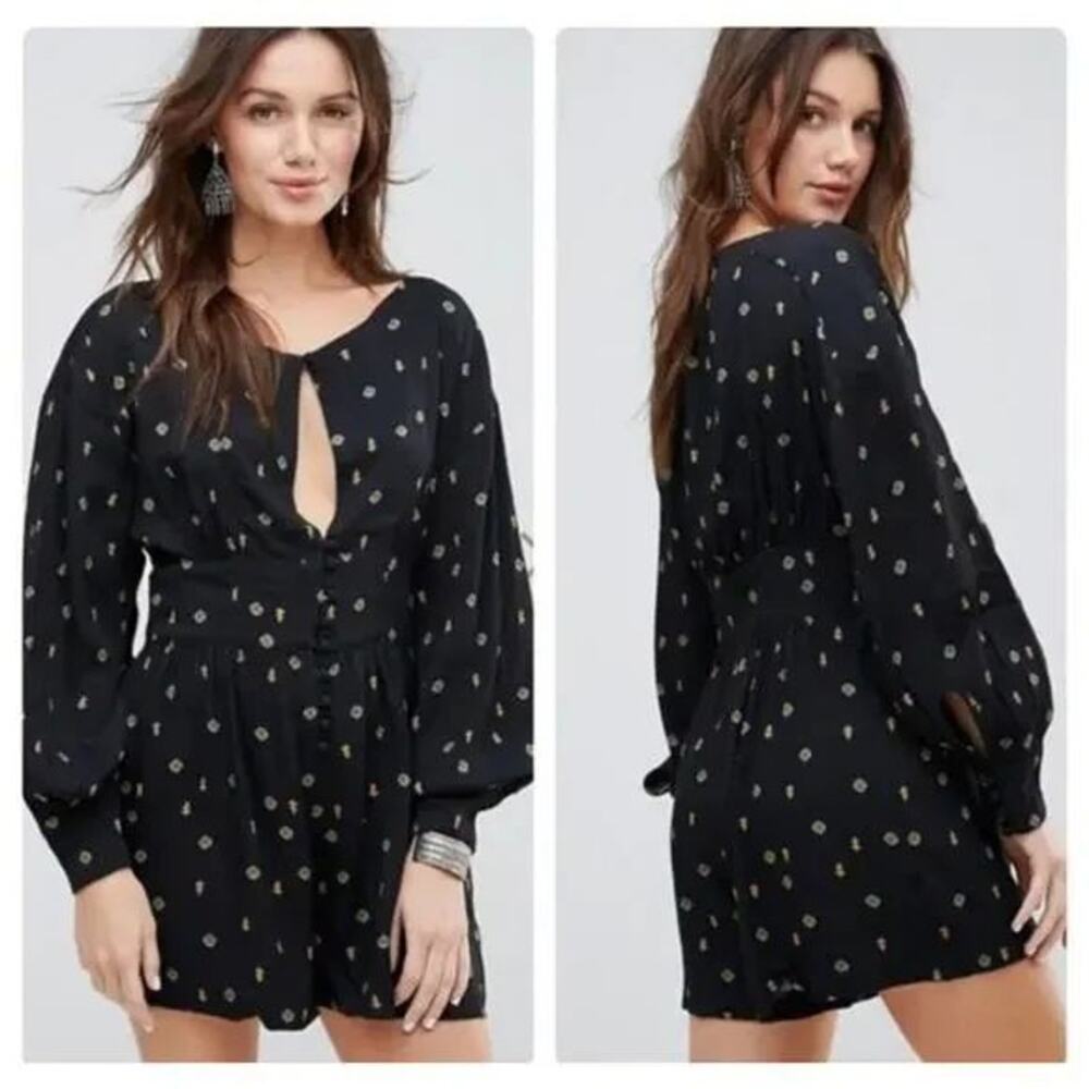 NWT Free People Love Grows Front Button Long Sleeve Romper Black Floral - Picture 5 of 15